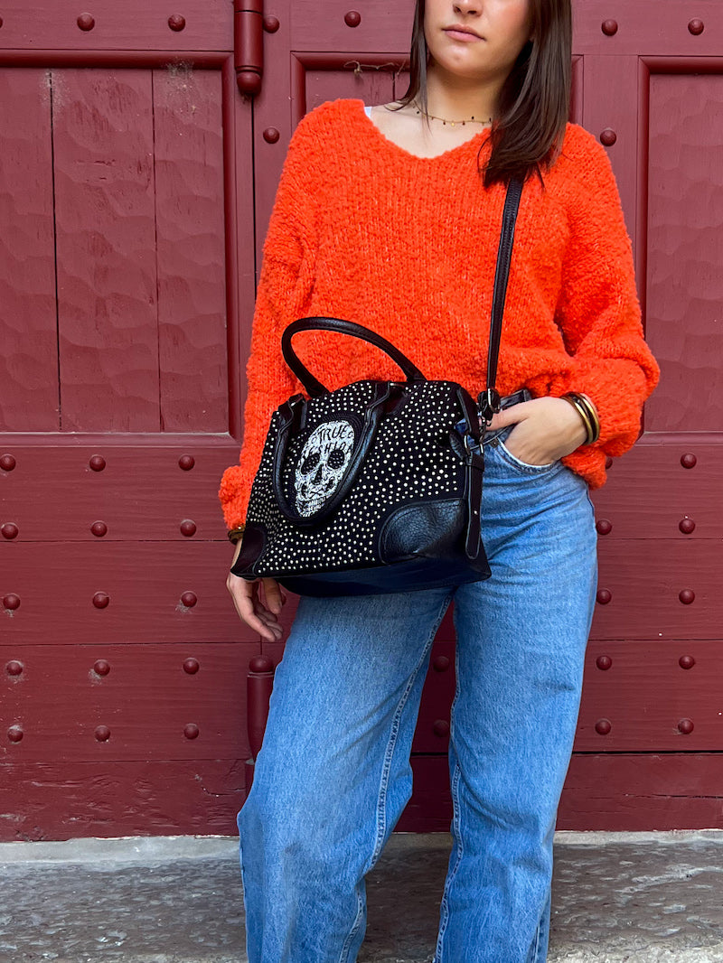 Sac à main noir à strass calavera