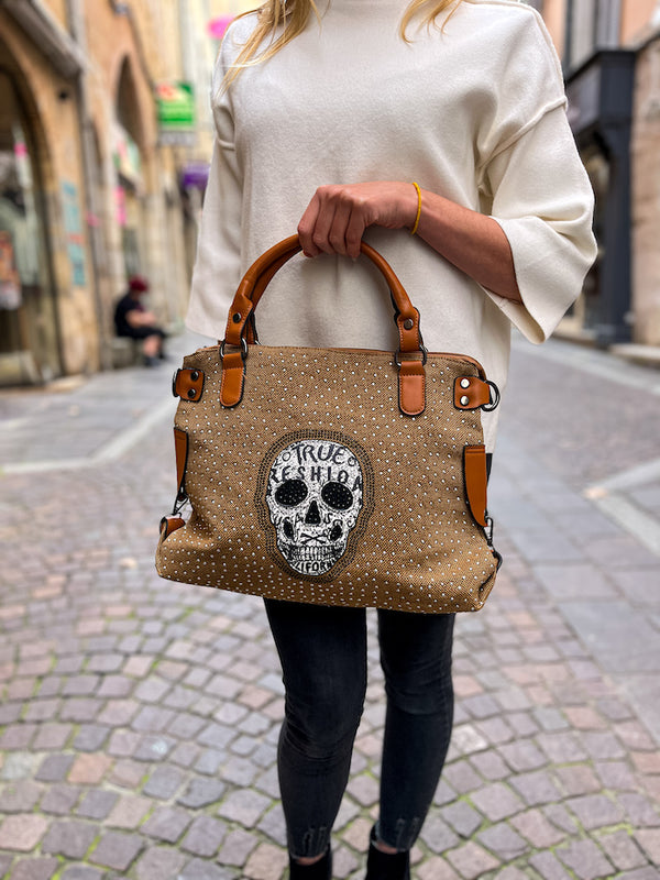 Sac en marron en cuir PU Calavera tête de mort strass