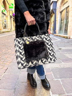 Grand sac à main à motif pied de poule noir et blanc