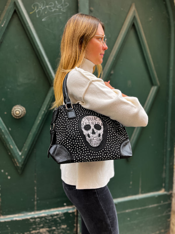 Sac en tissu noir Calavera tête de mort strass