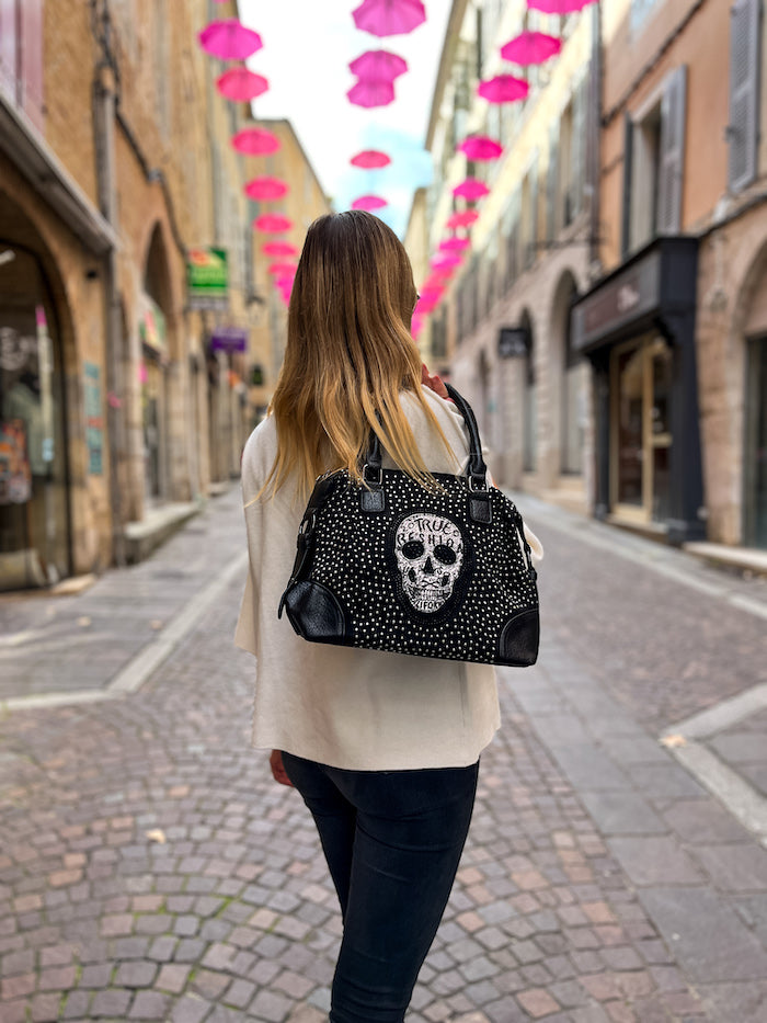 Sac en tissu noir Calavera tête de mort strass