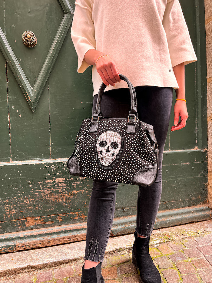 Sac en tissu noir Calavera tête de mort strass