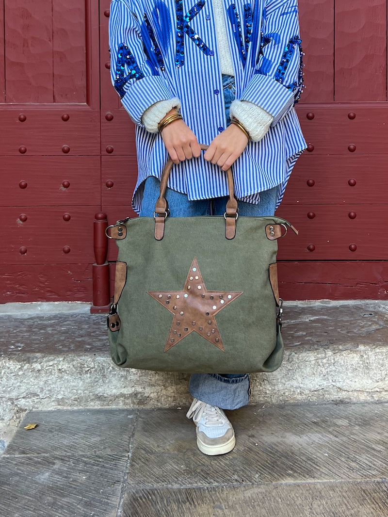 Grand sac cabas en toile kaki étoile cloutée