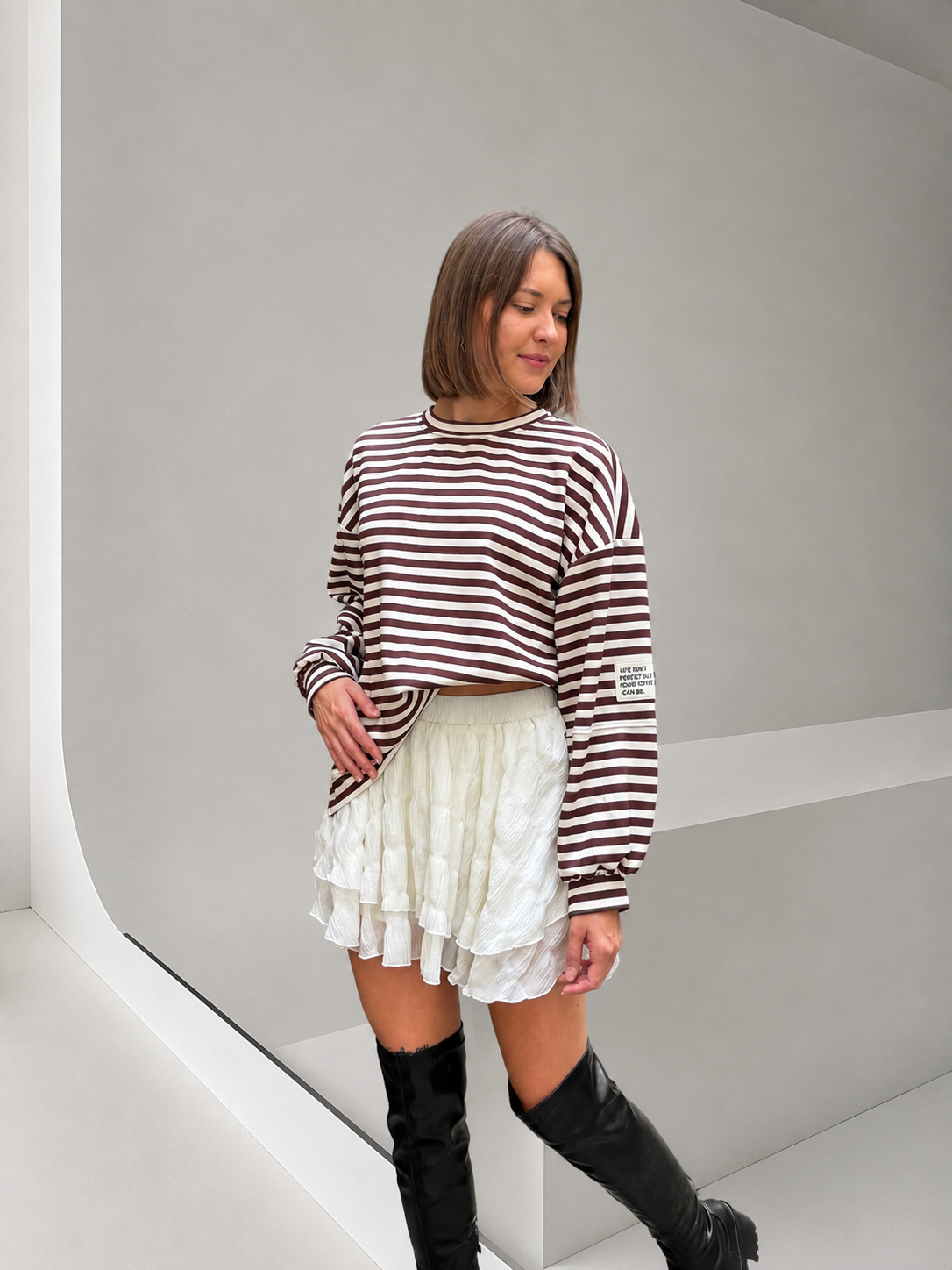 sweat rayé tendance pour femme blanc et marron