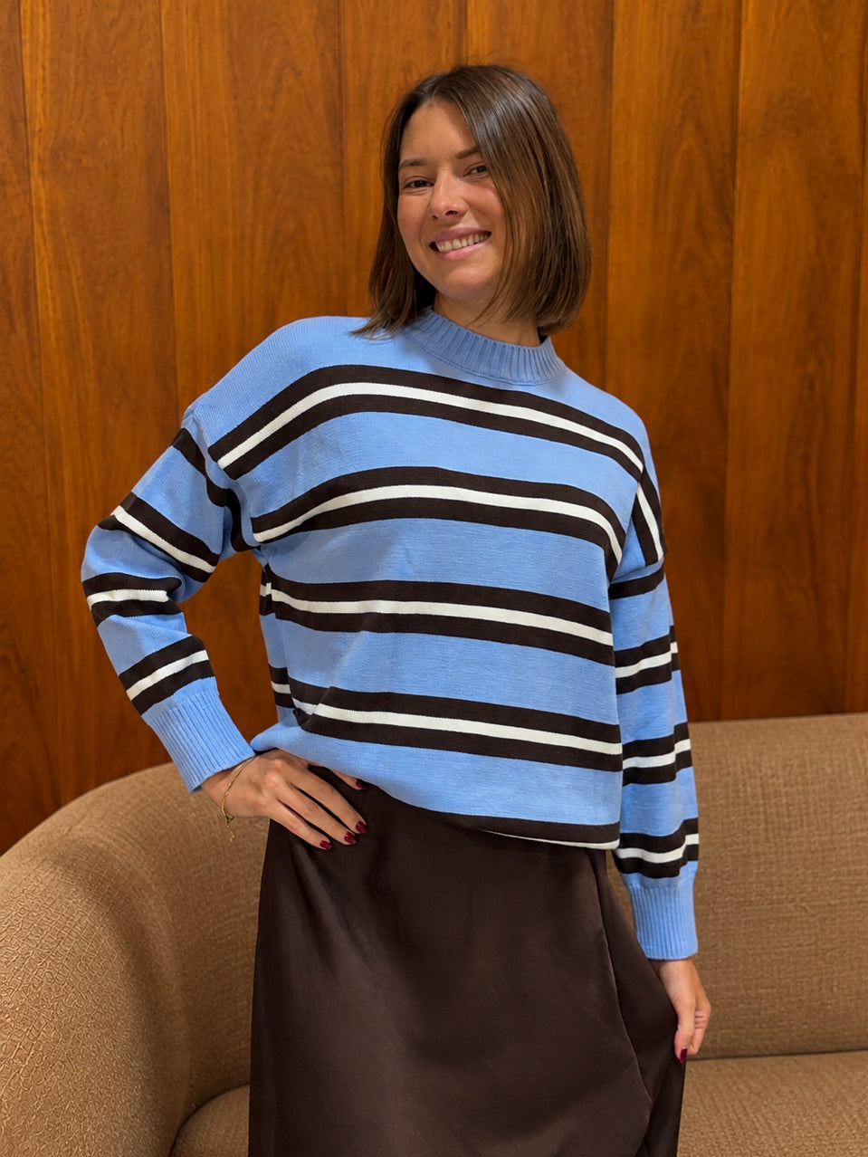 pull a rayures marron et bleu pour femme