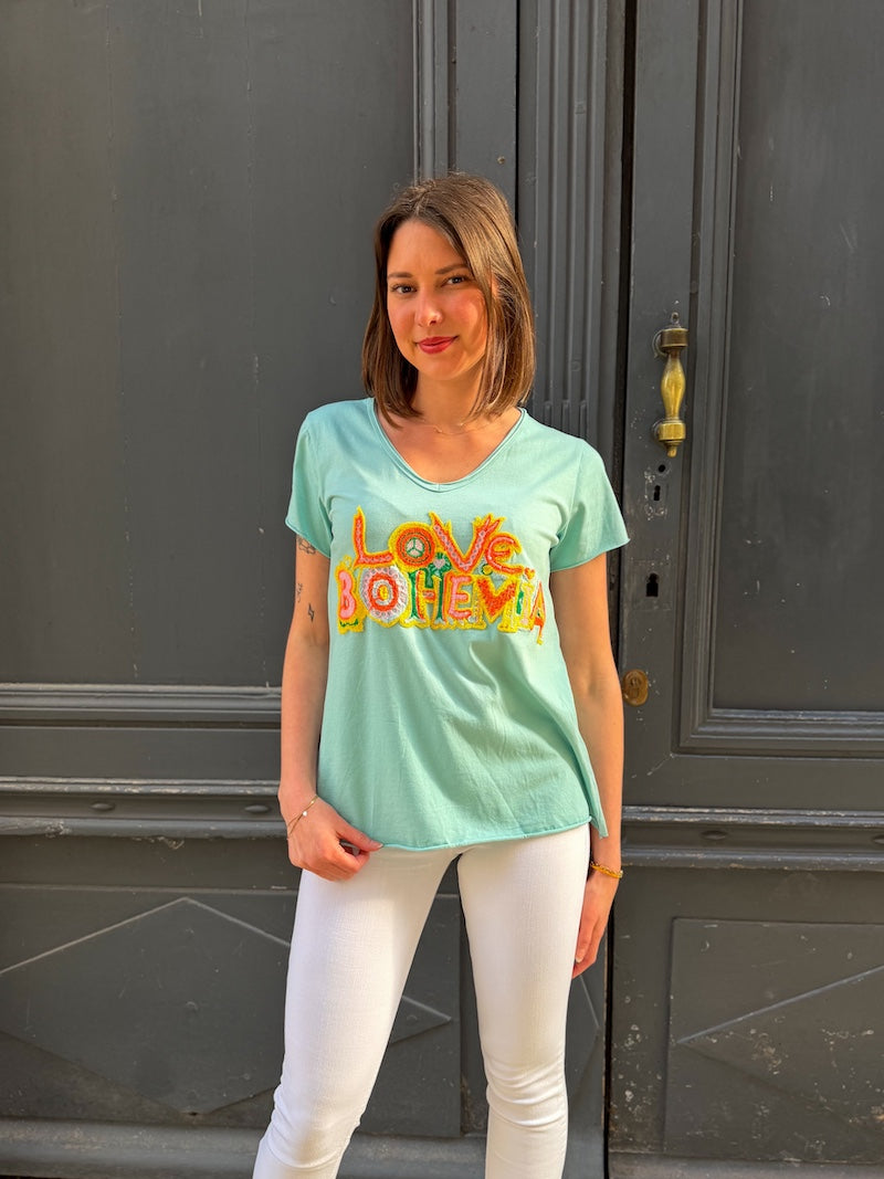 T-shirt en coton brodée "Love bohèmia"