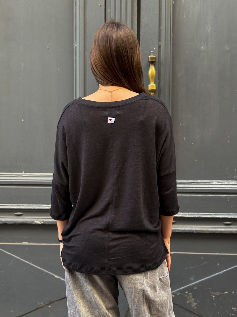 T-shirt manches 3/4 col V en lin - Love by MD