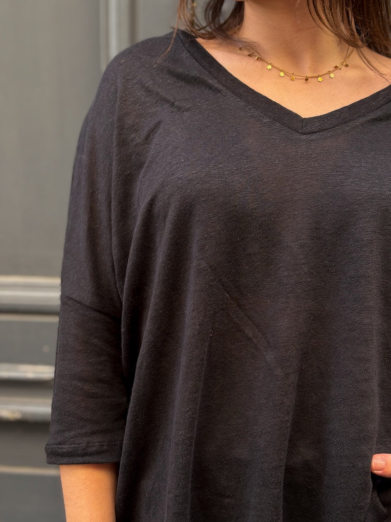 T-shirt manches 3/4 col V en lin - Love by MD