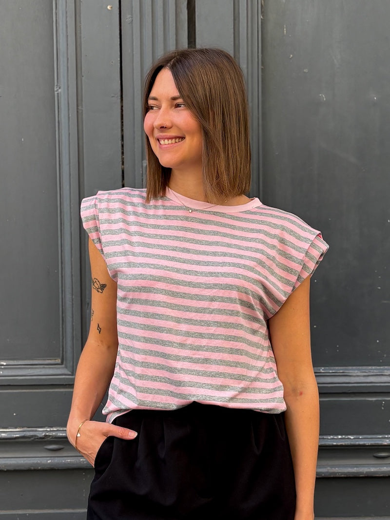 T-shirt rayé rose et gris pour femme