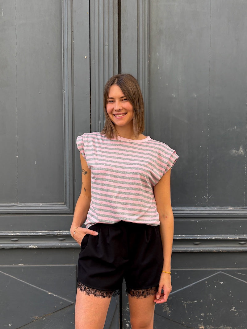 T-shirt rayé rose et gris pour femme