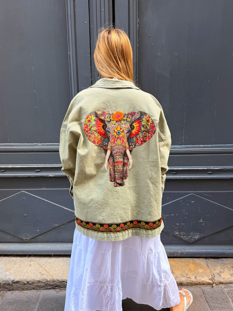Veste en jean kaki oversize personnalisée d'un élépéhant pour femme