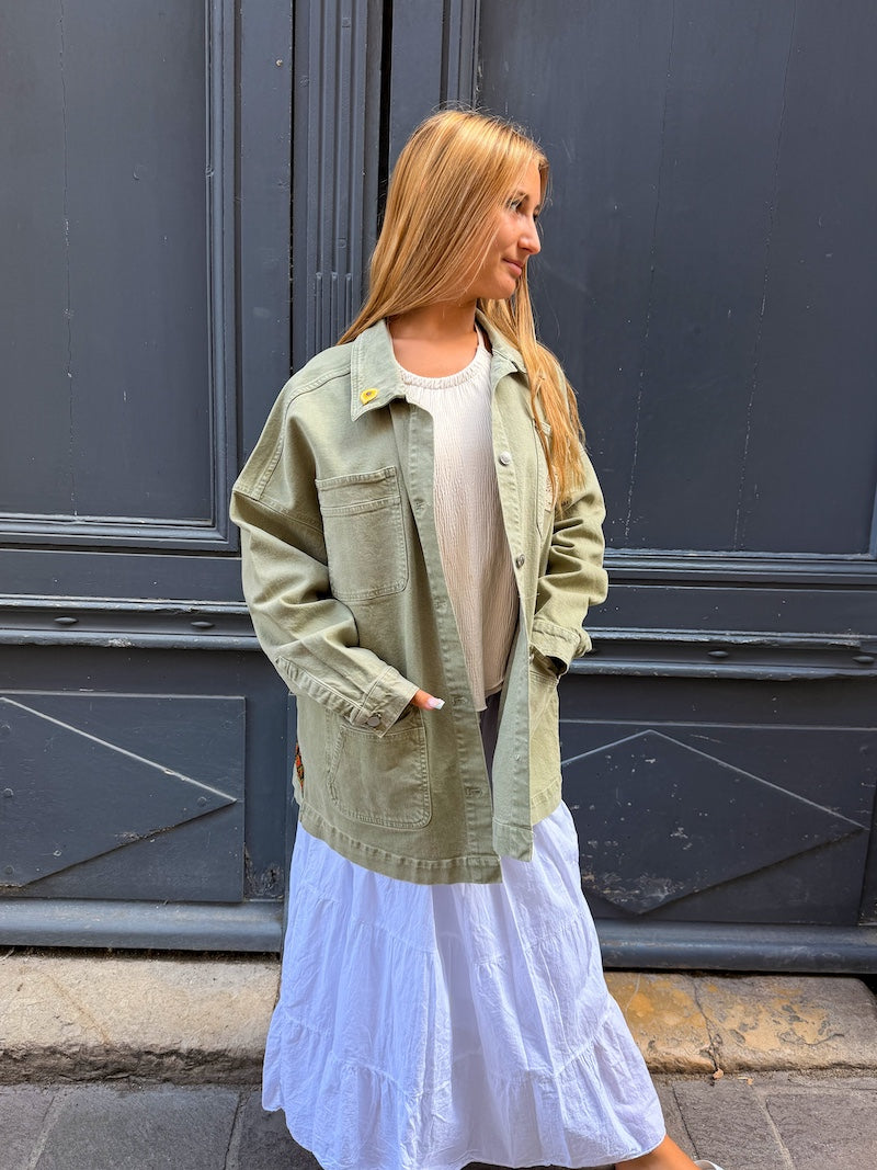 Veste en jean kaki oversize personnalisée d'un élépéhant pour femme