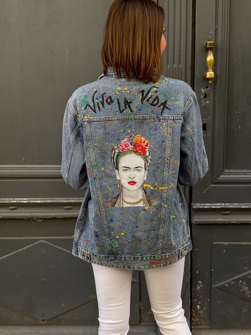 Veste en jean customisée Pop Art Frida Kahlo