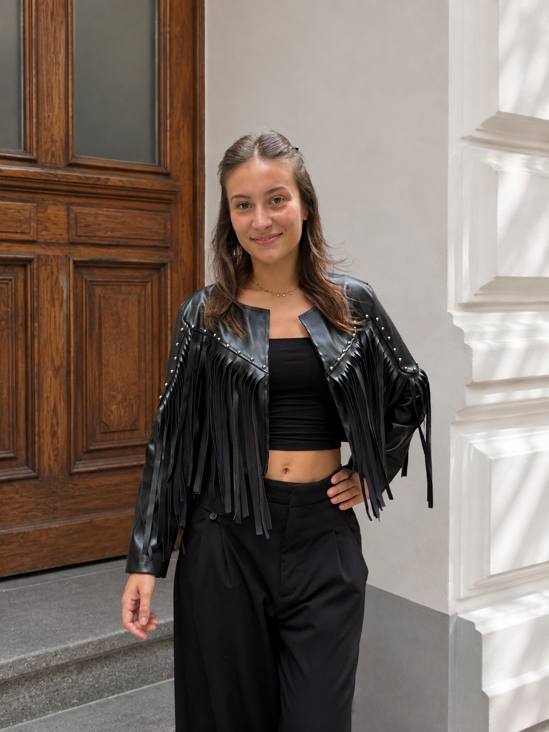 veste rock en similicuir à franges tendance pour fmeme