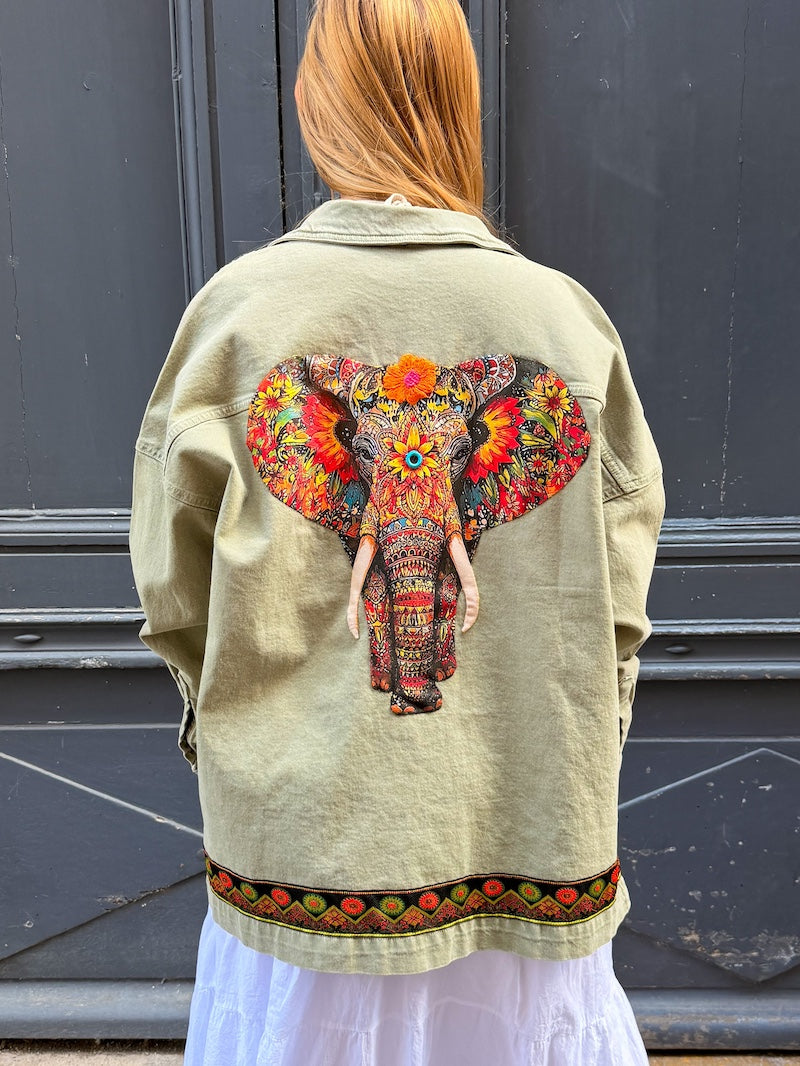 Veste en jean kaki oversize personnalisée d'un élépéhant pour femme