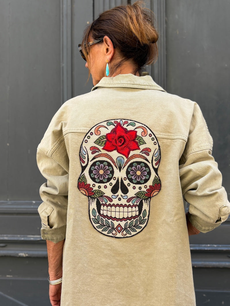 Veste oversize kaki personnalisée d'une Calavera Mexicaine - Tête de mort