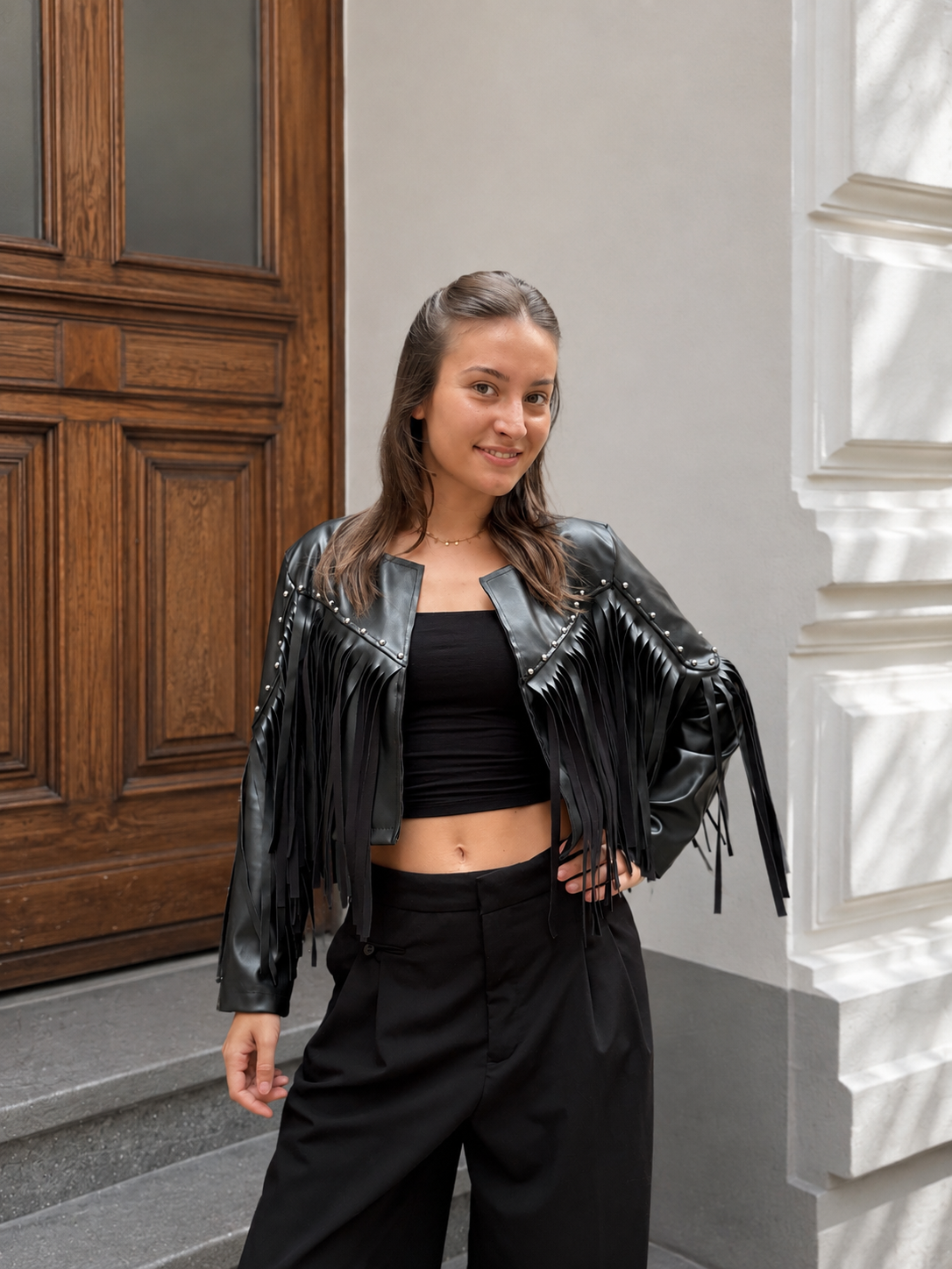 veste style rock en similicuir noir cowboy
