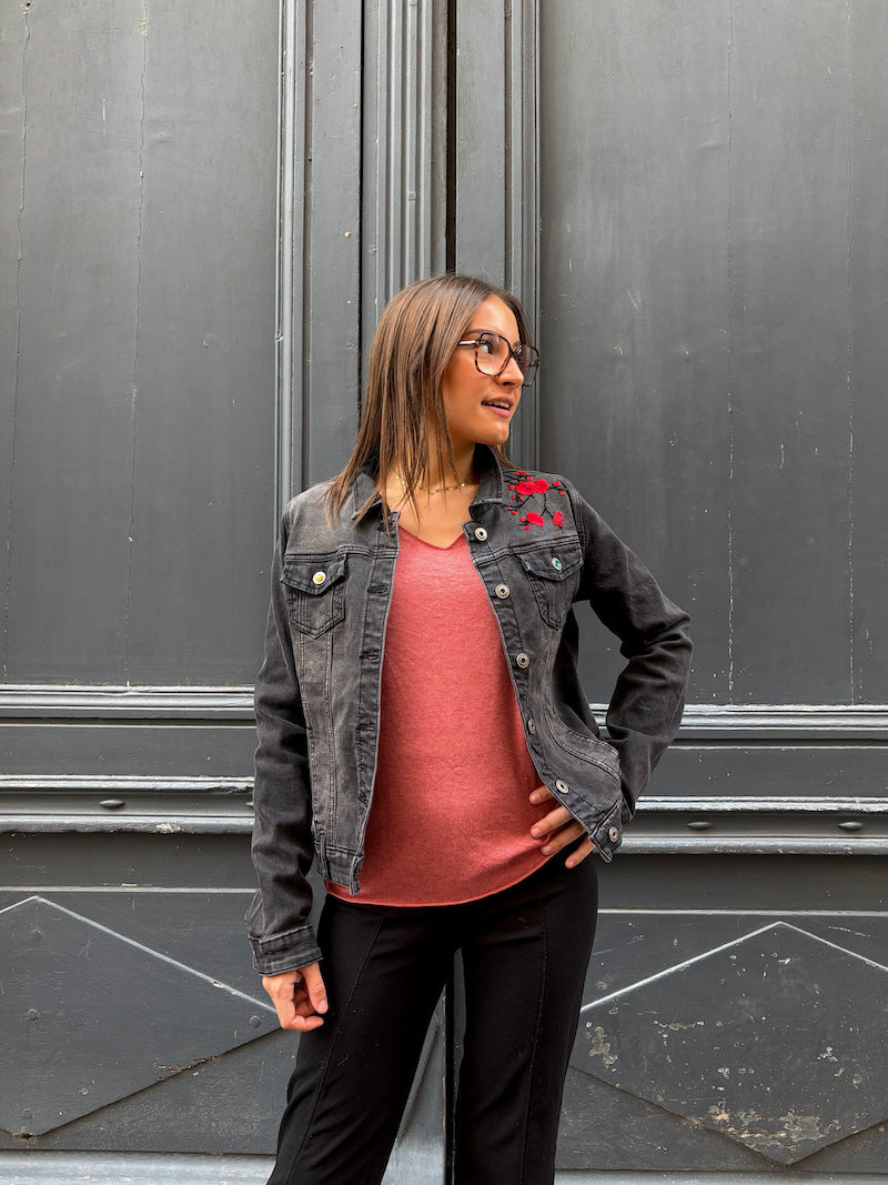 Veste en jean noir brodée Frida Kahlo - Rosa Nocturna