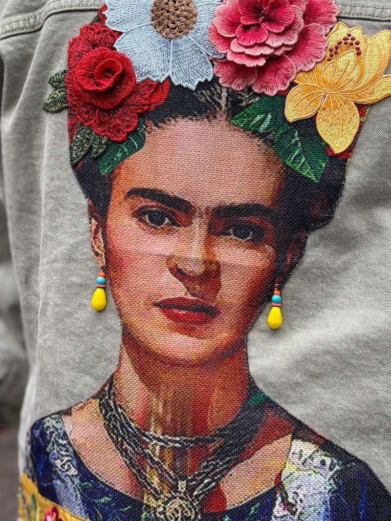 Veste en jean kaki oversize brodée Frida Kahlo - Amarillo