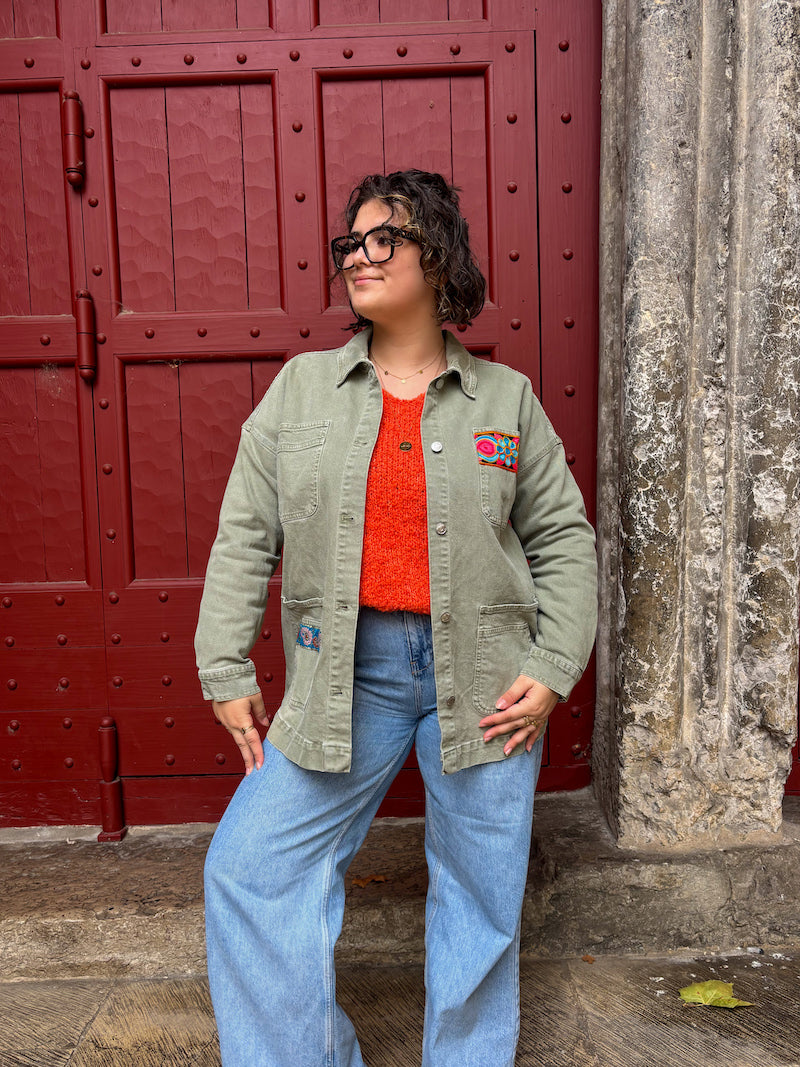 Veste kaki oversize customisée Frida Kahlo
