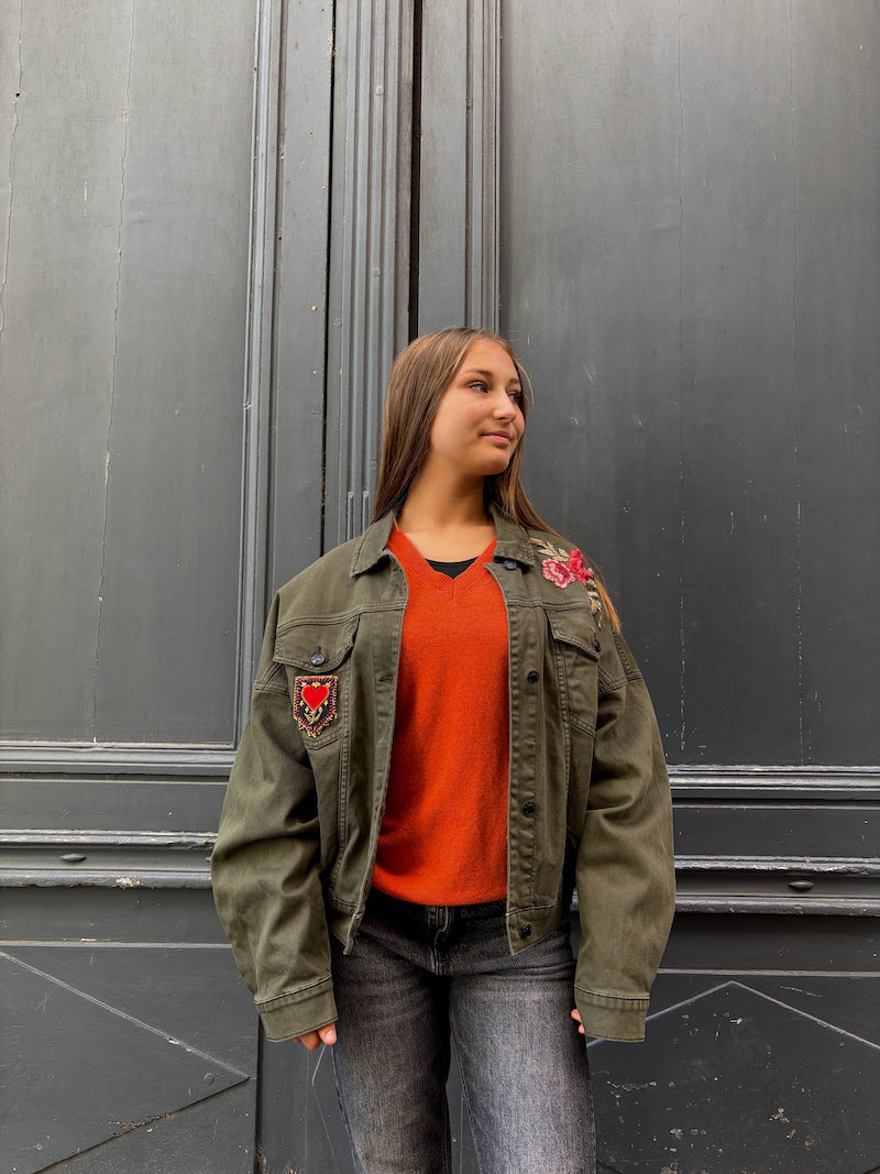 Veste Moto Femme Jealous Tomato - Kaki Brodée Fleurs Taille S | Occasion Très Bon État