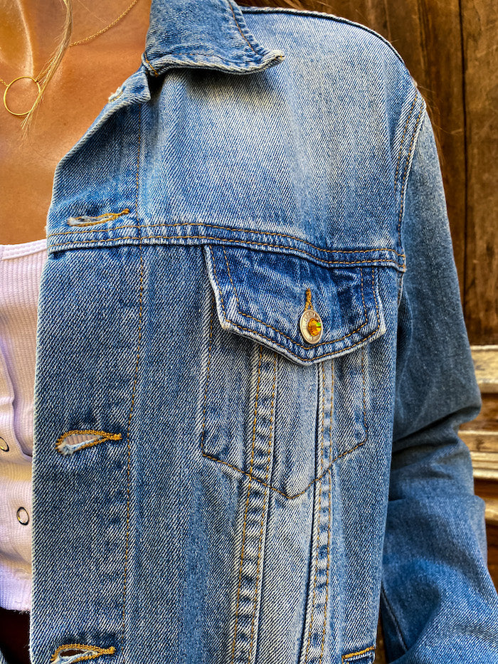 Veste jean brodée à la main de fleurs roses Pink Flowers