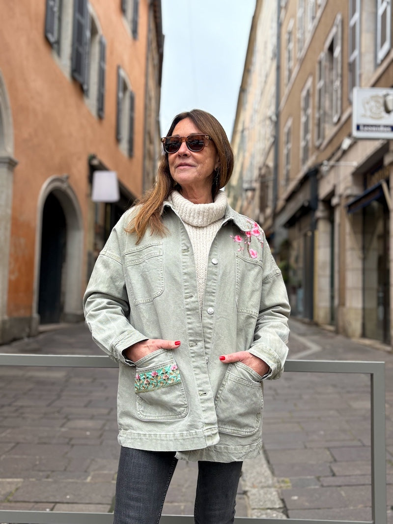 Veste en jean kaki oversize brodée Frida Kahlo - Amarillo