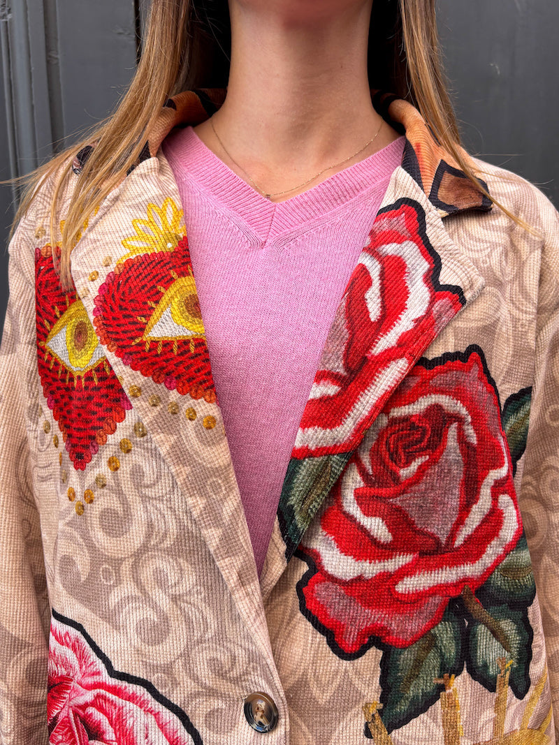 Manteau long femme imprimé Frida Kahlo et fleurs