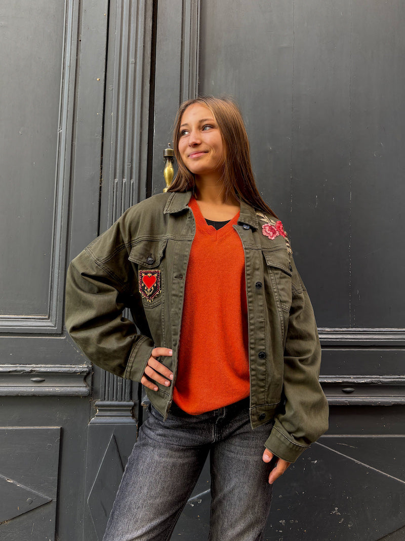 Veste bombers kaki brodée Frida Kahlo - Flores y Abejas