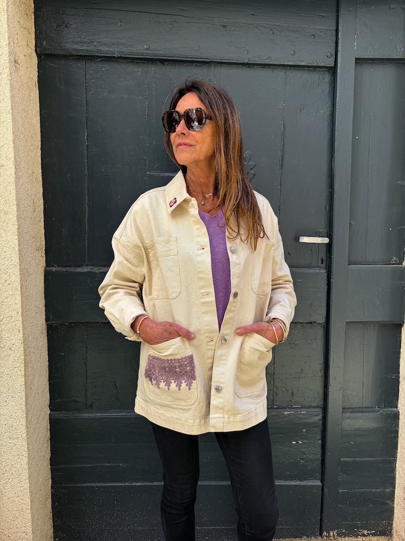 Veste blanc cassé oversize brodée Frida Kahlo - Flores rosas