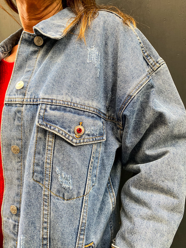 Veste en jean oversize personnalisée avec des ailes d'ange dorées