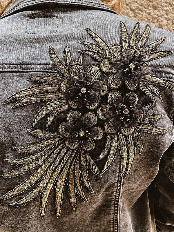 Veste en jean noir fleurs Baroque - Veste en jean