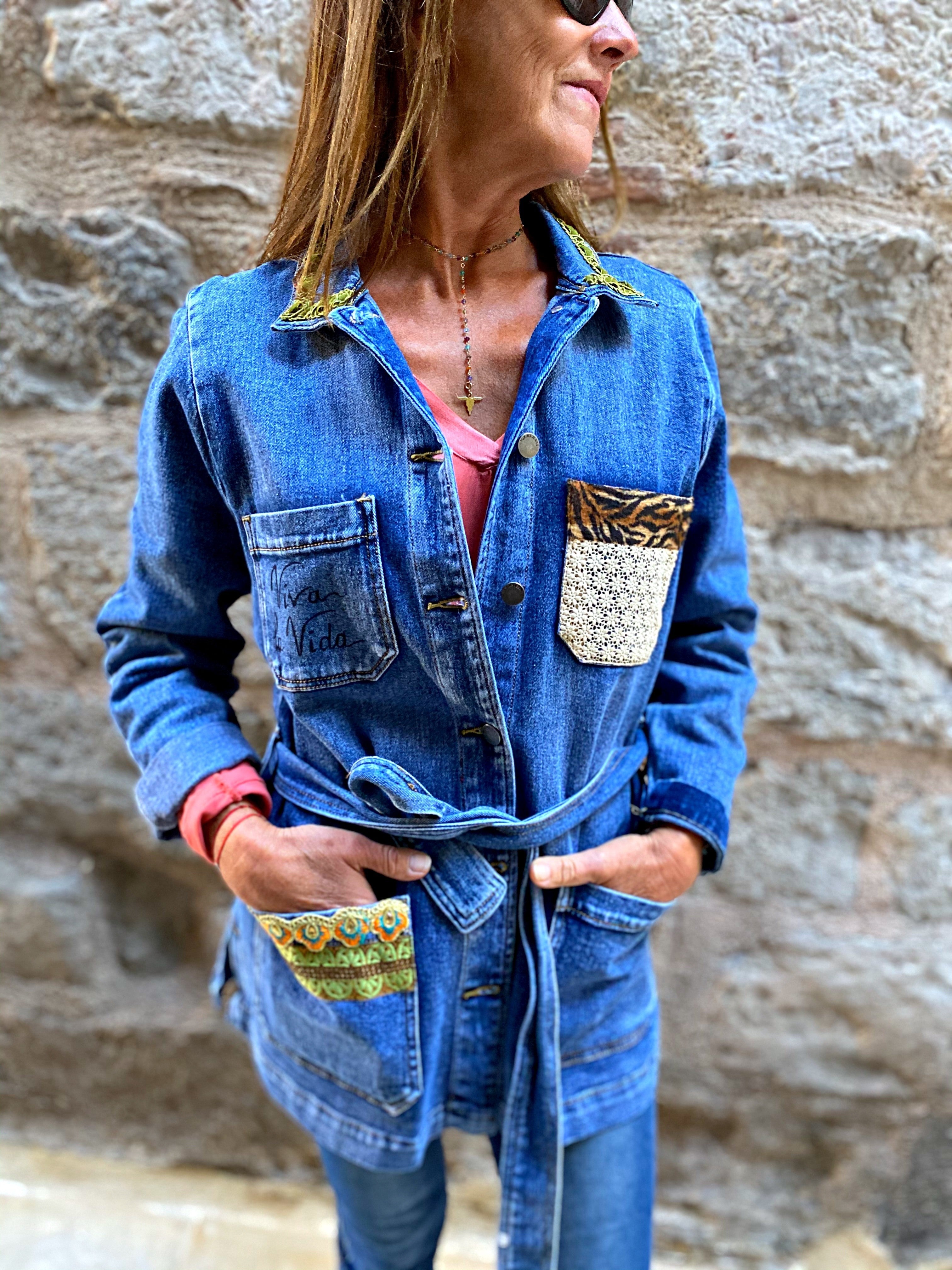 Veste en jean saharienne pivoines rose - Veste en jean