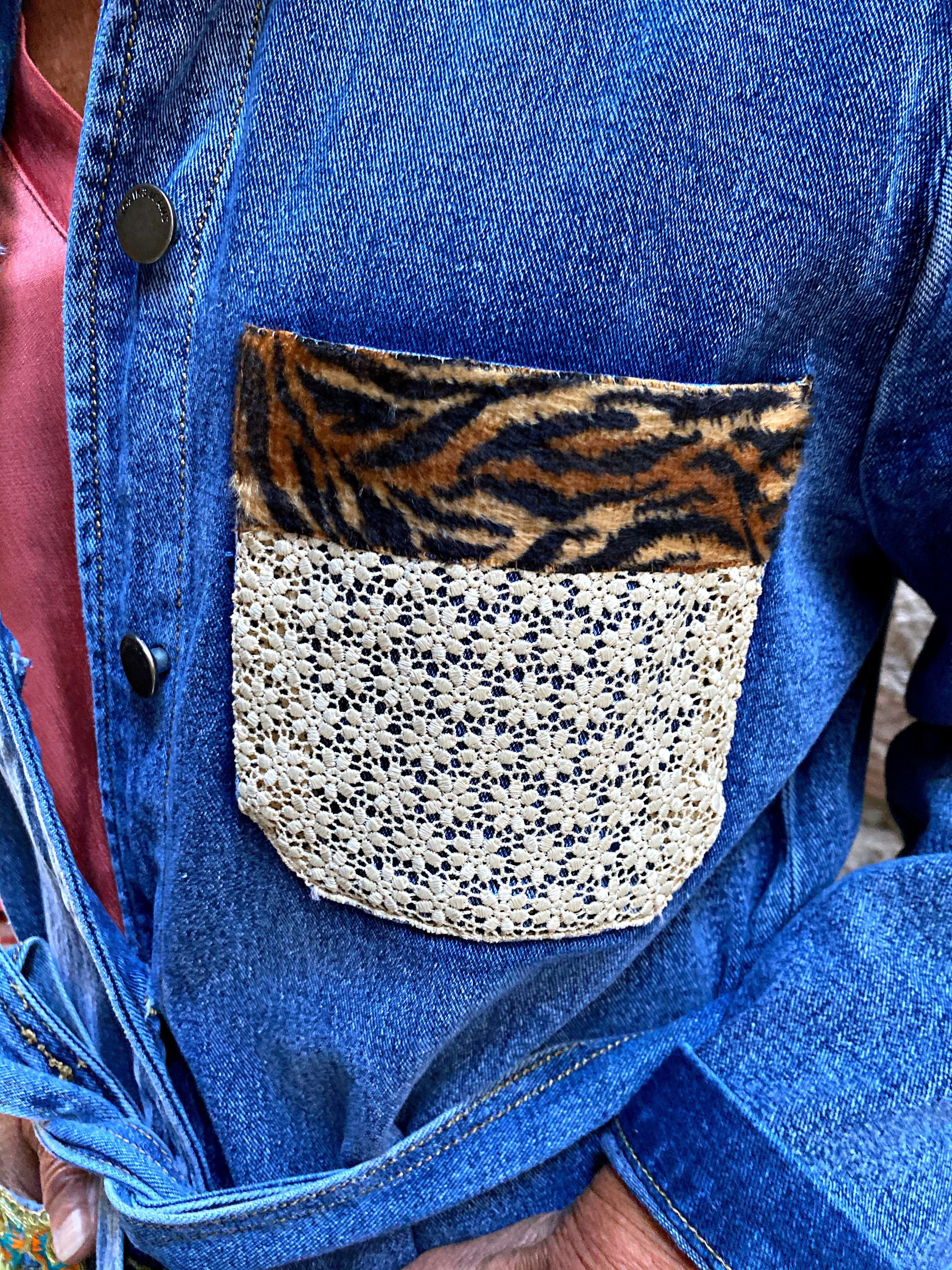 Veste en jean saharienne pivoines rose - Veste en jean