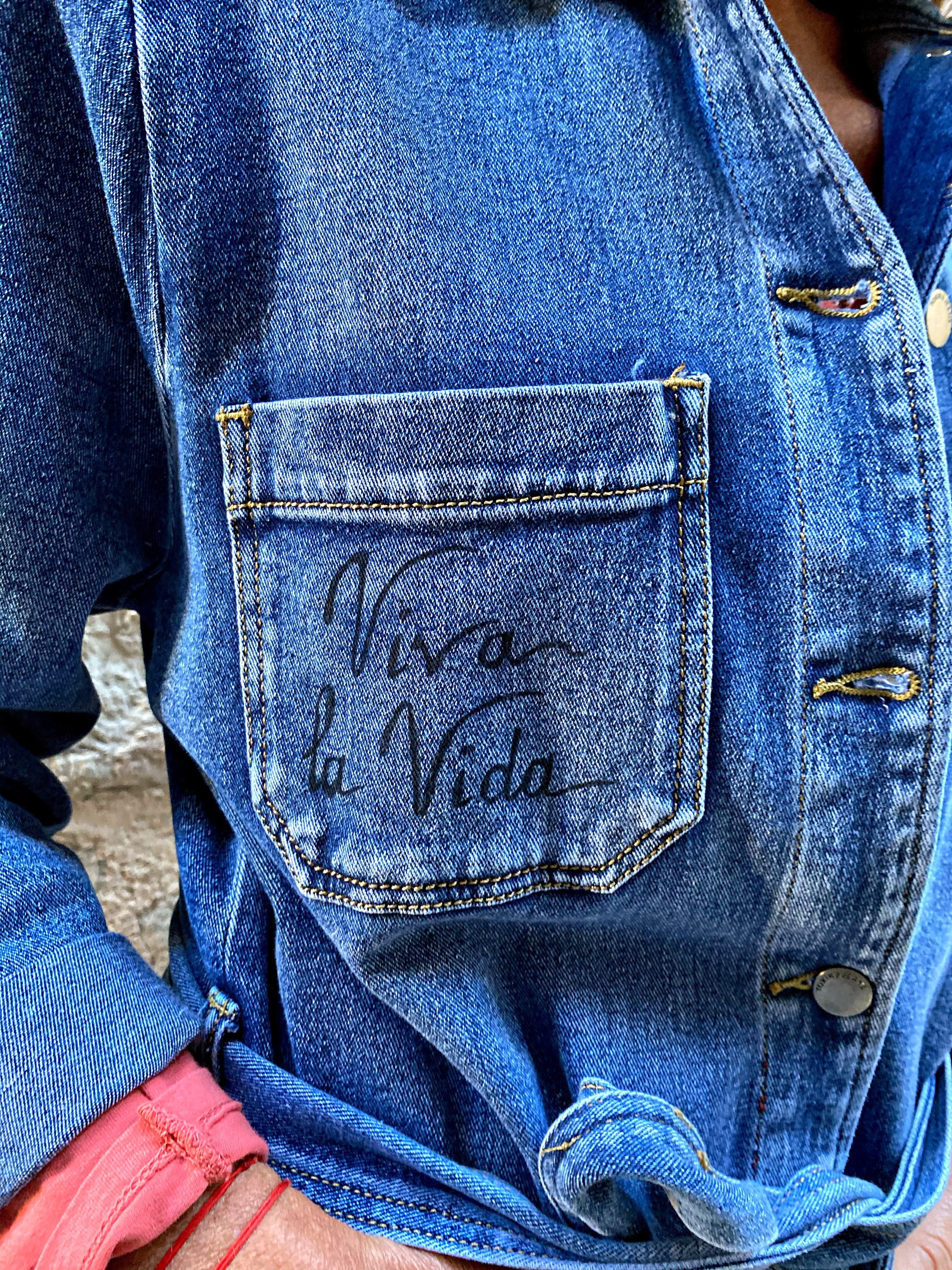 Veste en jean saharienne pivoines rose - Veste en jean