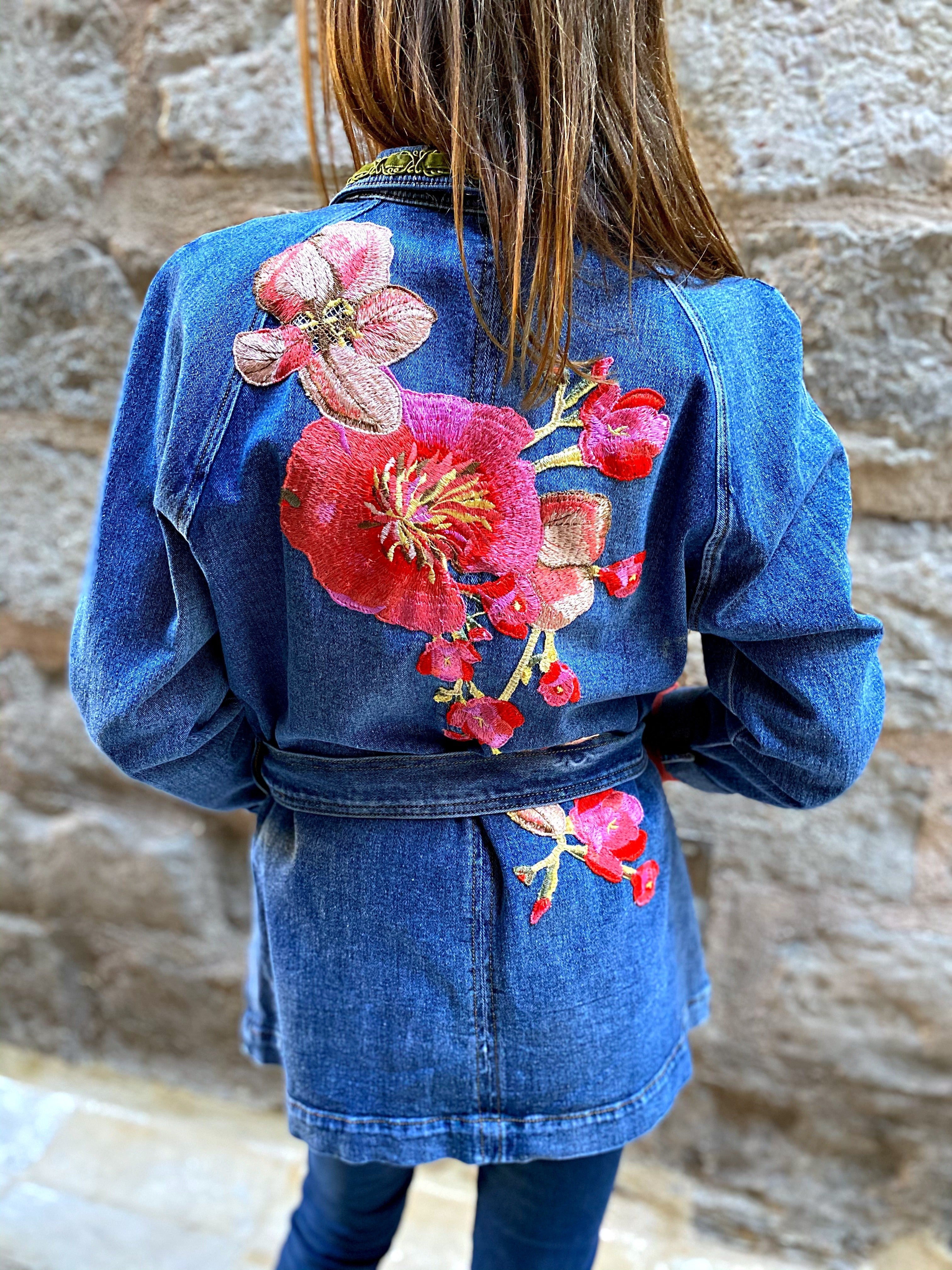 Veste en jean saharienne pivoines rose - Veste en jean
