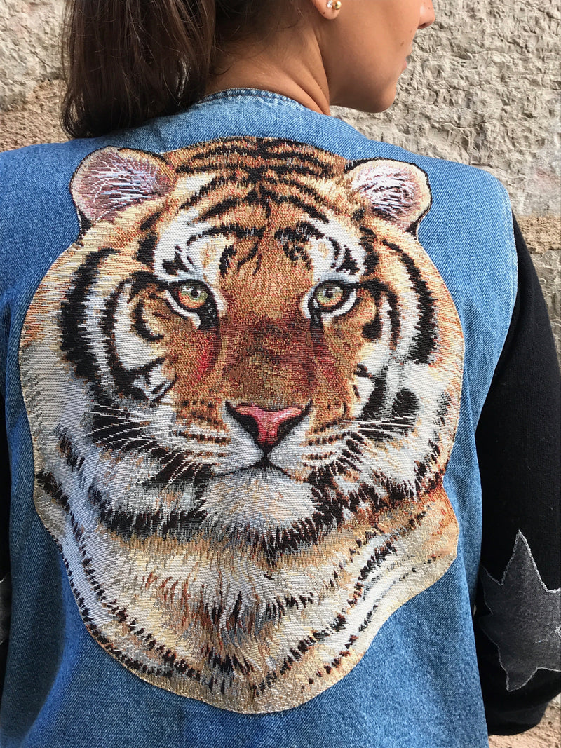 Veste en jean sans manches unisexe tête de tigre - Veste en