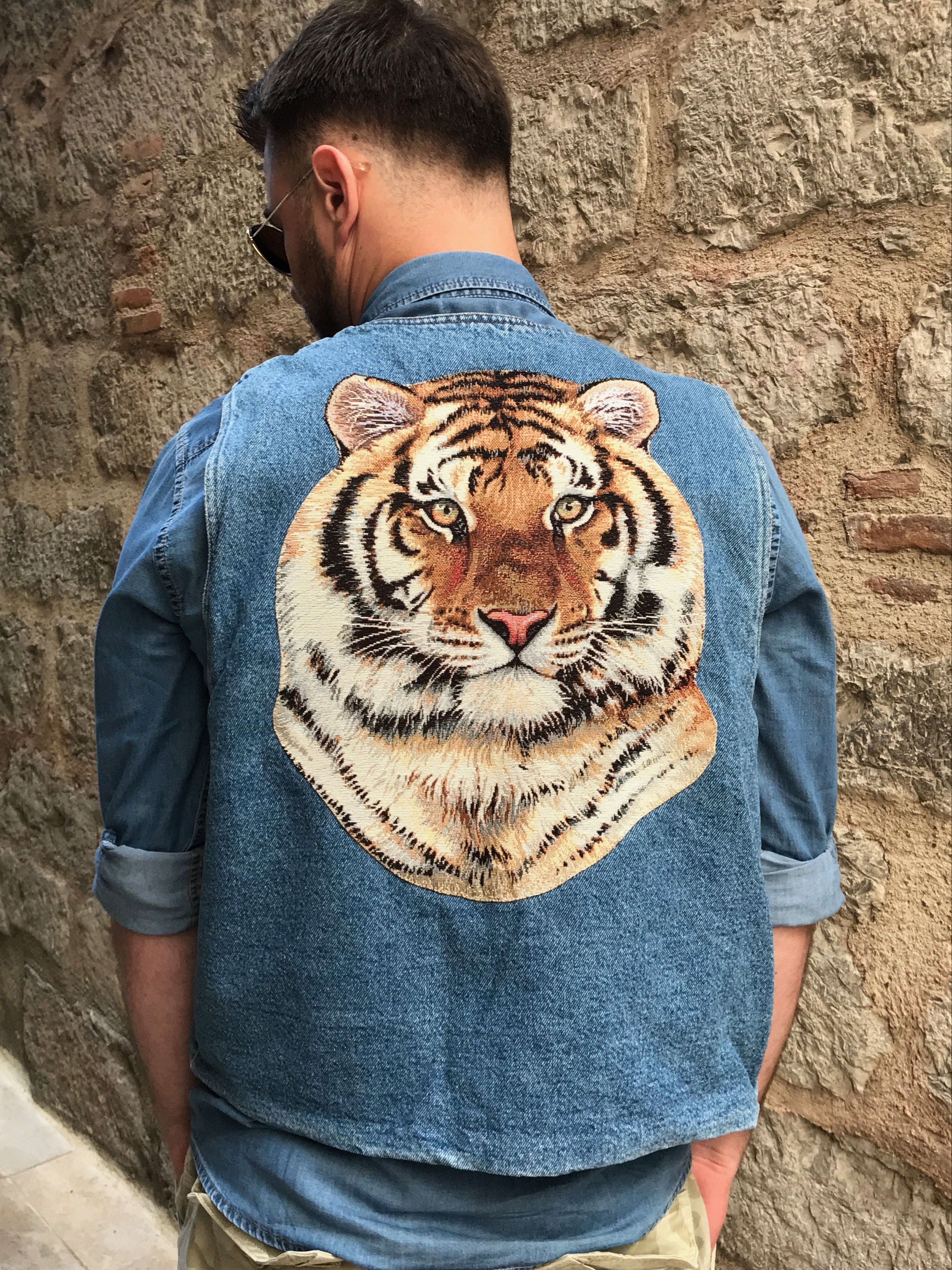 Veste en jean unisexe sans manche tête de tigre - Veste en